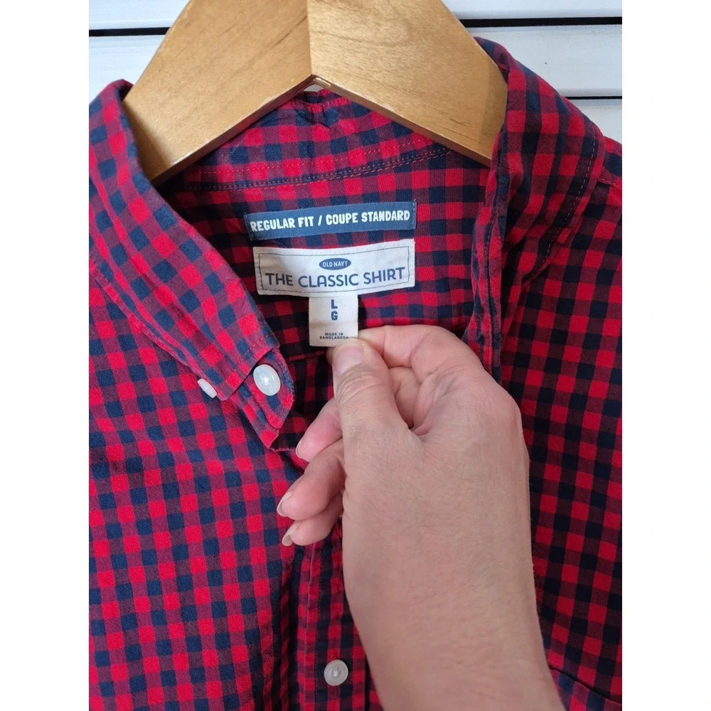 Old Navy Shirt Mens L Red Blue Check Button Down Long Sleeve 100% Cotton Classic